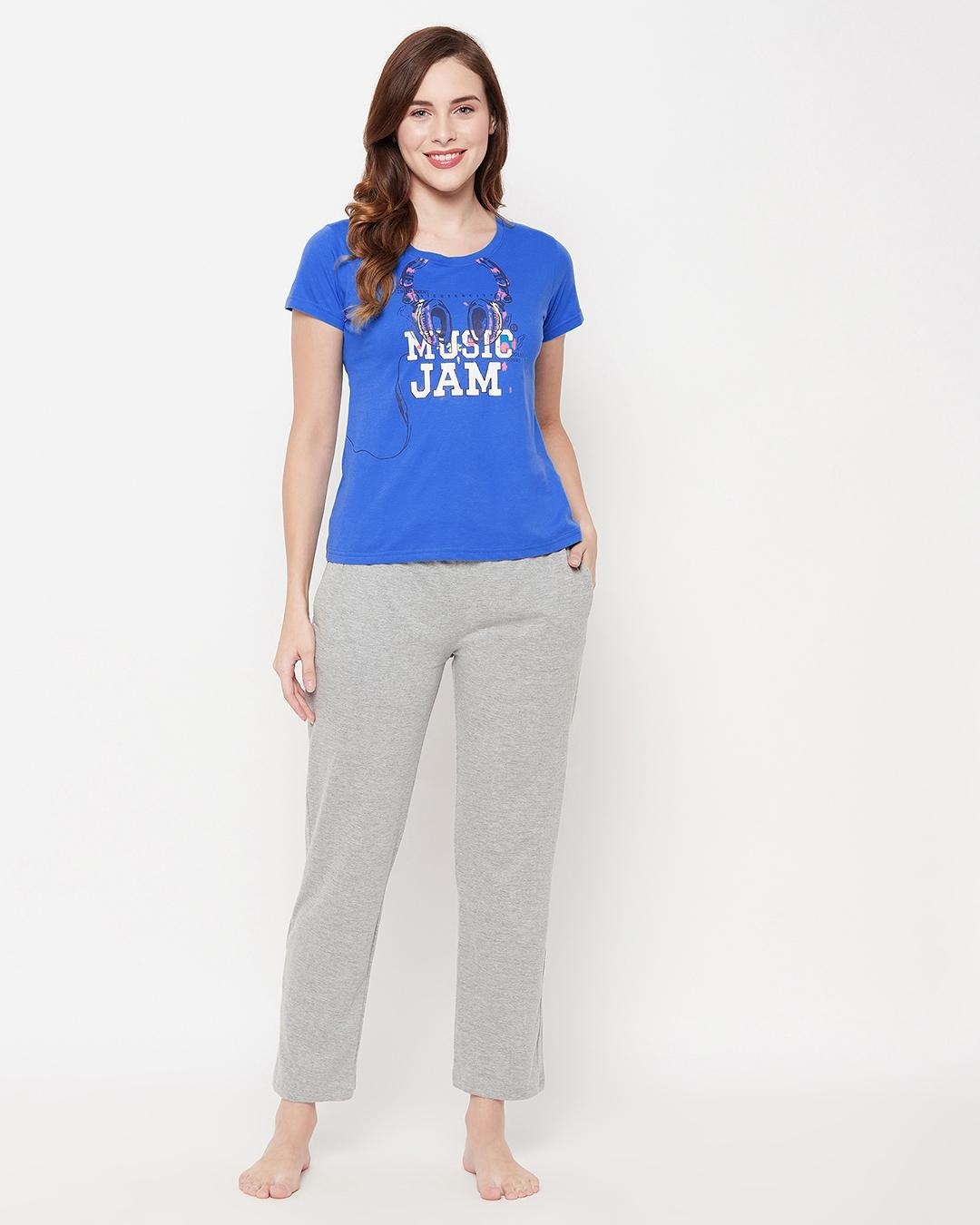 Buy Women's Blue Music Magic Graphic Printed Tshirt & Pyjama Set