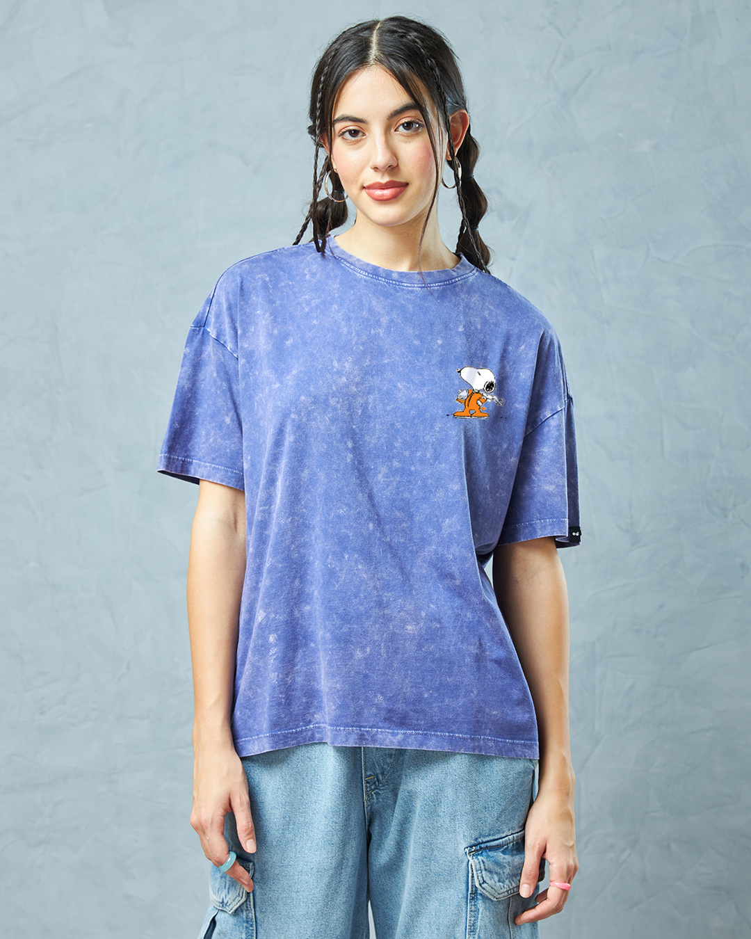 Shop Women's Blue Need Space Snoopy Graphic Printed Oversized Acid Wash T-shirt-Back