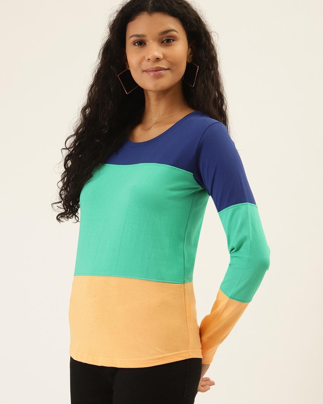 Shop Women's Blue & Orange Color Block T-shirt-Back