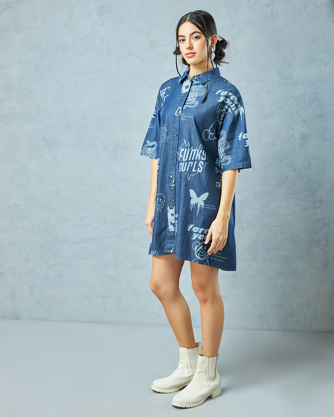 Shop Women's Blue All Over Printed Oversized Shirt Dress-Back