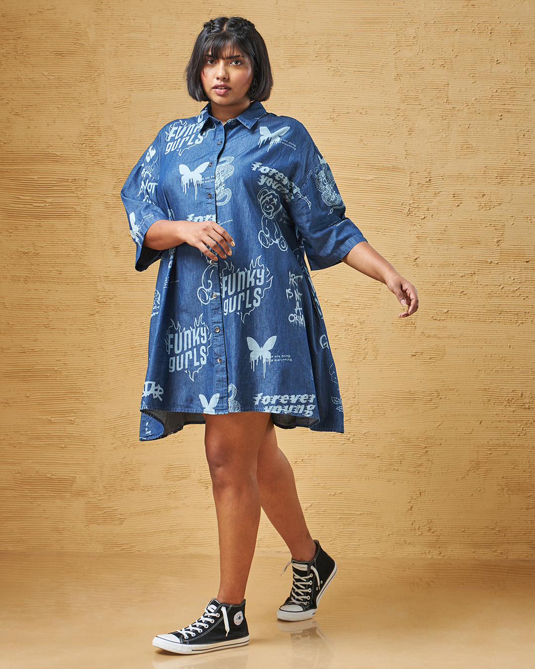 Shop Women's Blue All Over Printed Oversized Plus Size Shirt Dress-Back