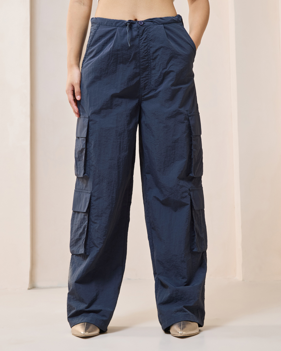 Shop Women's Blue Oversized Cargo Parachute Pants-Back