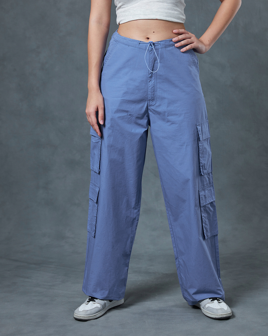 Shop Women's Blue Oversized Cargo Parachute Pants-Back