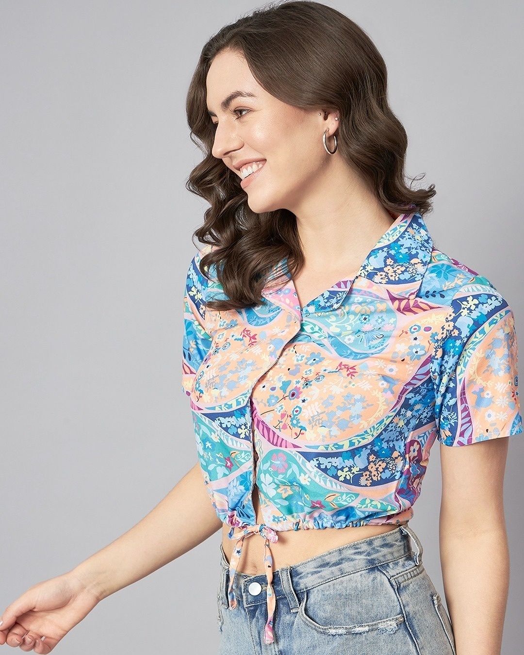 Shop Women's Blue & Peach All Over Paisley Printed Short Top-Back