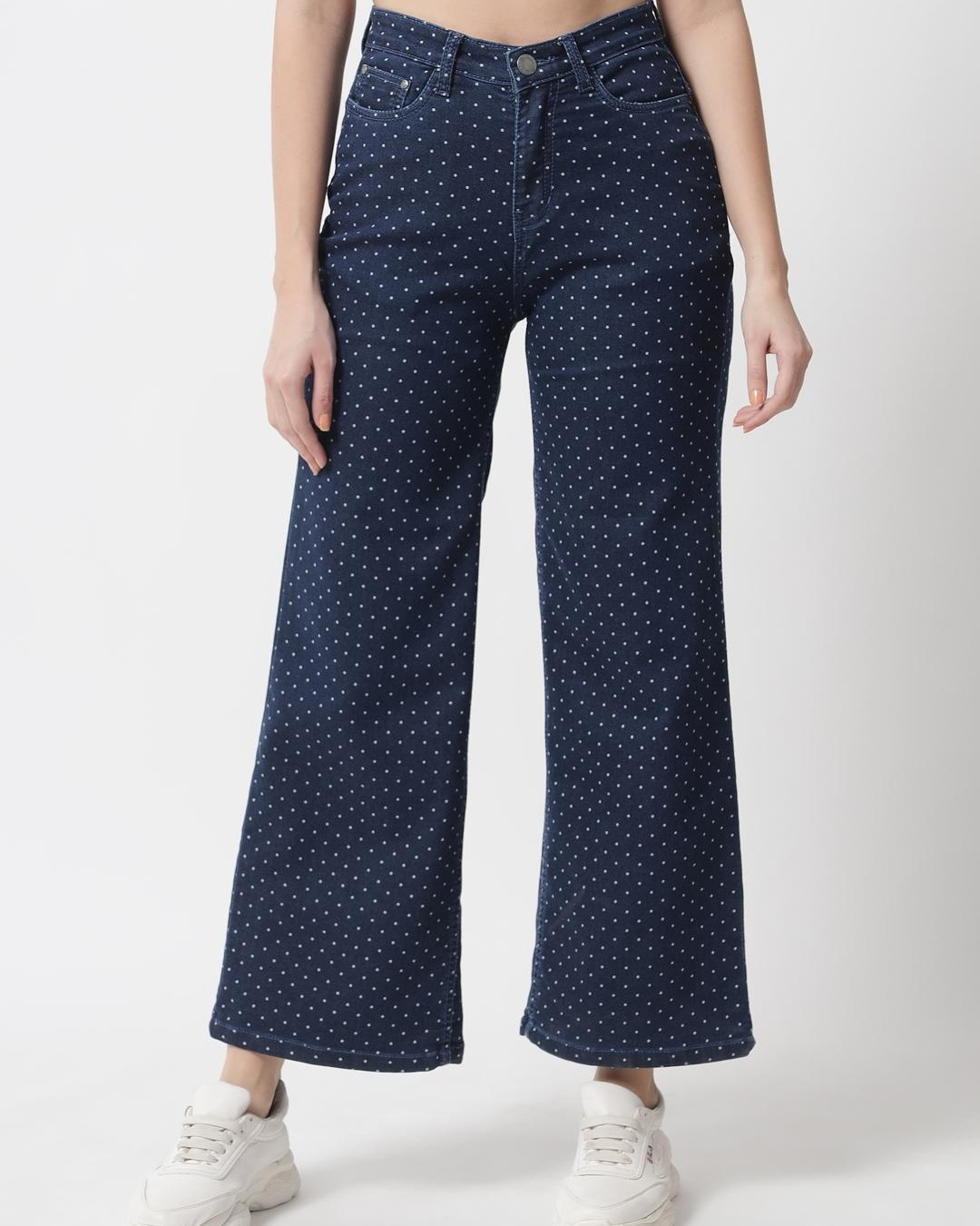 Buy Women's Blue Polka Printed Flared Jeans Online at Bewakoof