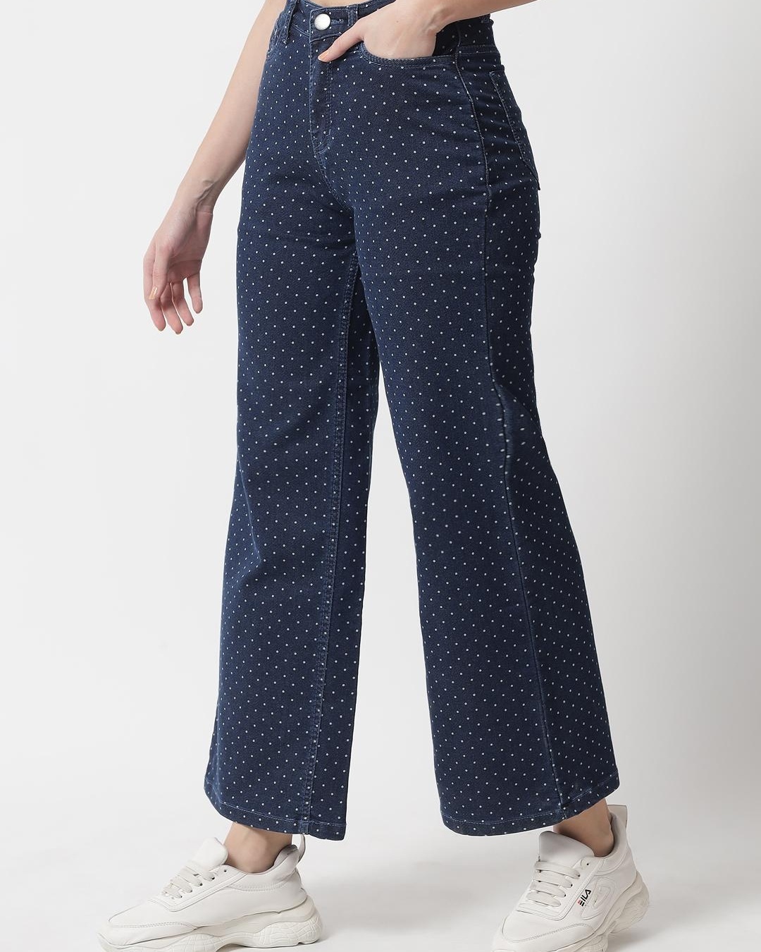 Shop Women's Blue Polka Printed Flared Jeans-Back