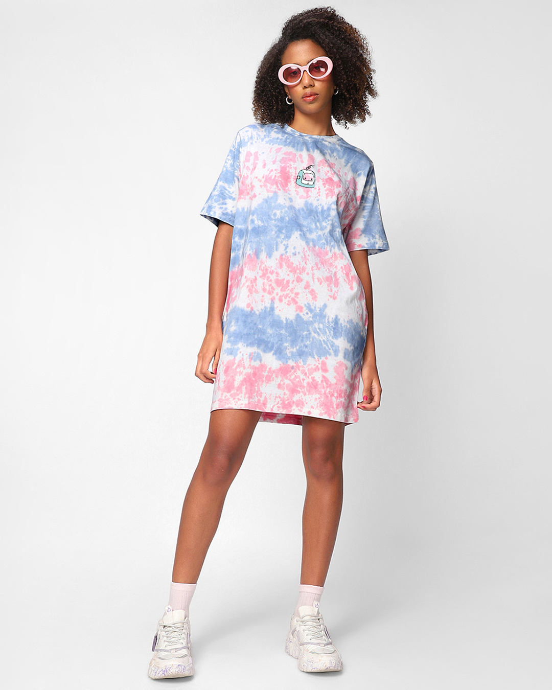 Shop Women's Blue & Pink Power Up Graphic Printed Oversized T-Shirt Dress-Back