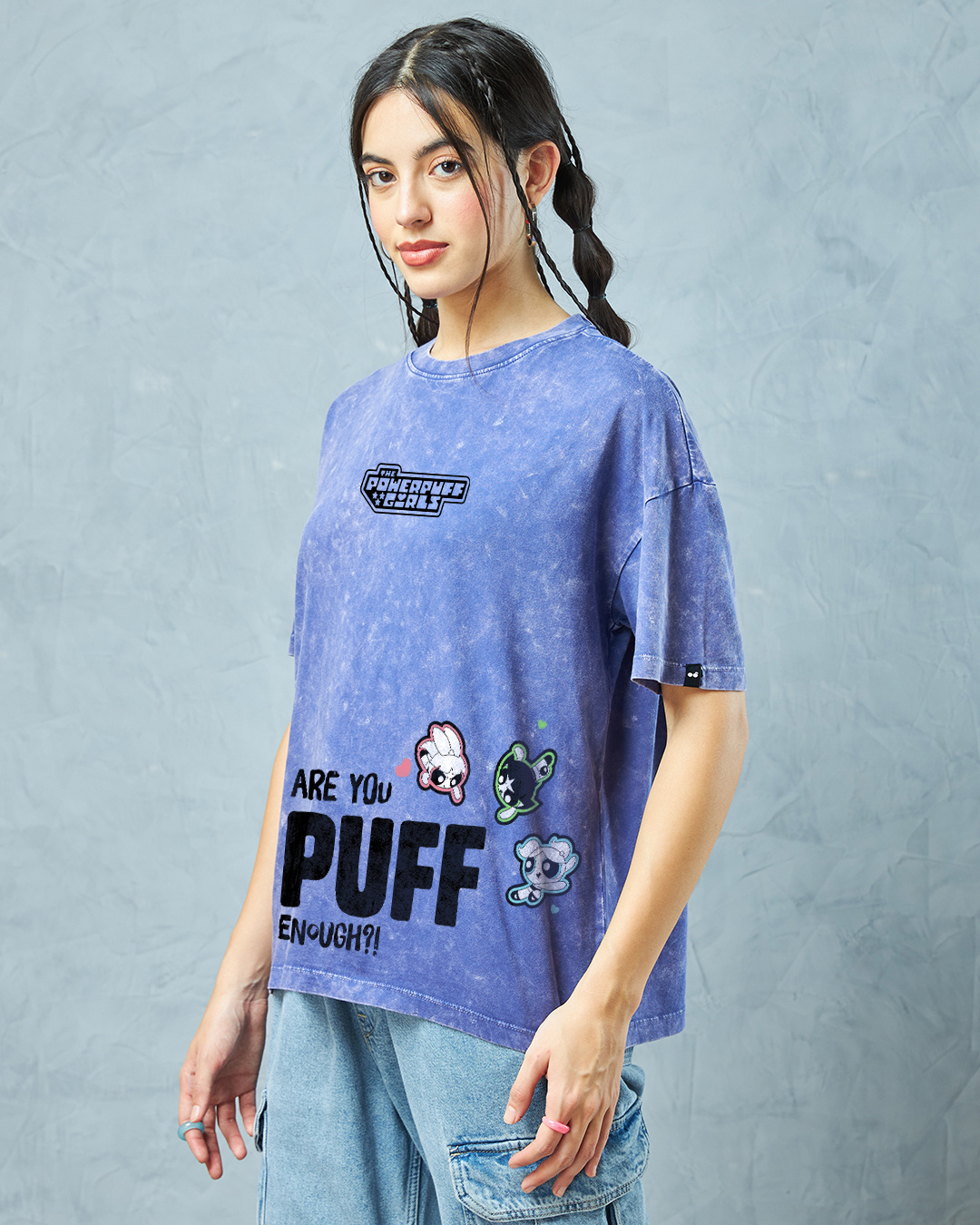 Shop Women's Blue Powerpufff Enough Graphic Printed Oversized Acid Wash T-Shirt-Back