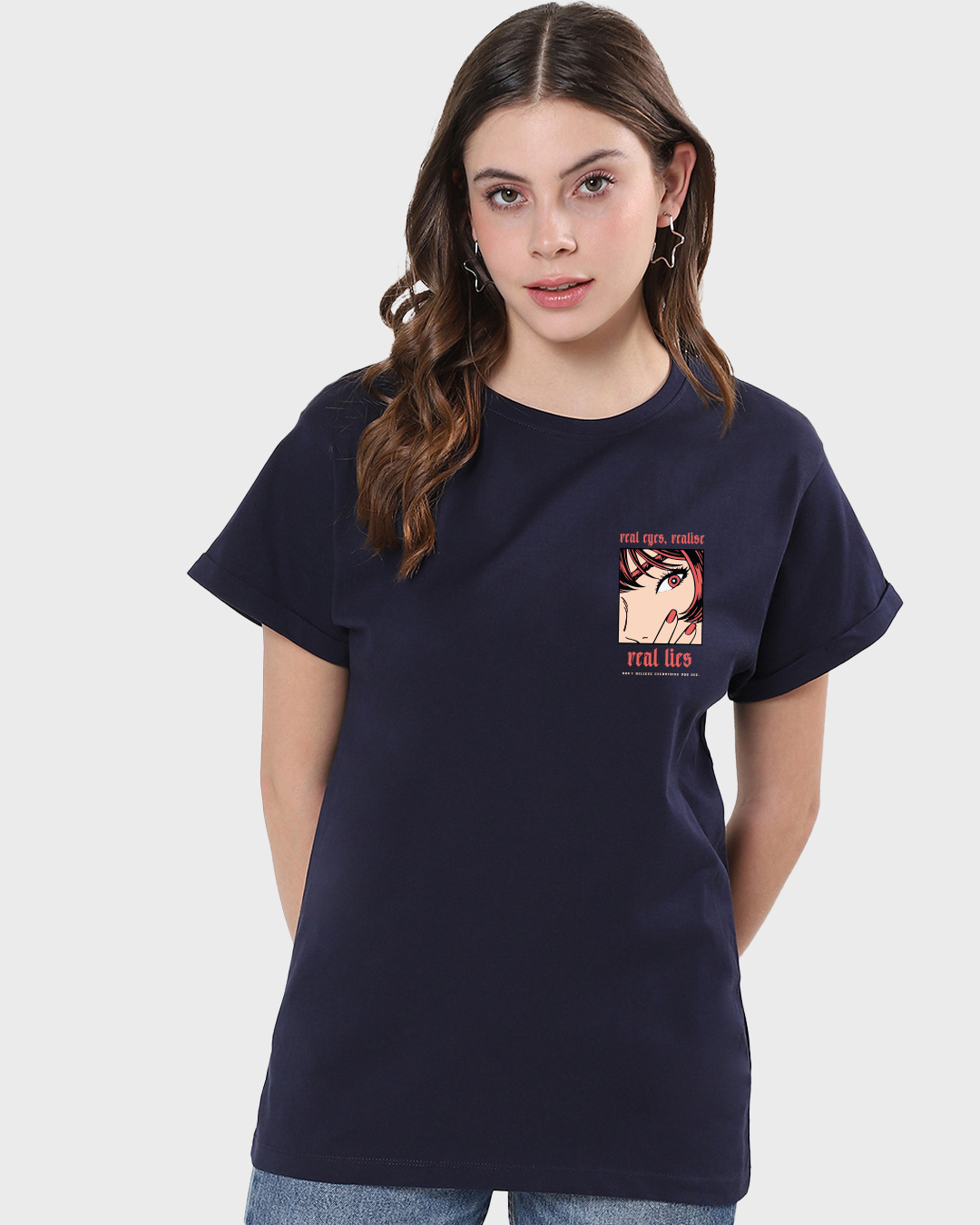 Shop Women's Blue Real Eyes Graphic Printed Boyfriend T-shirt-Back