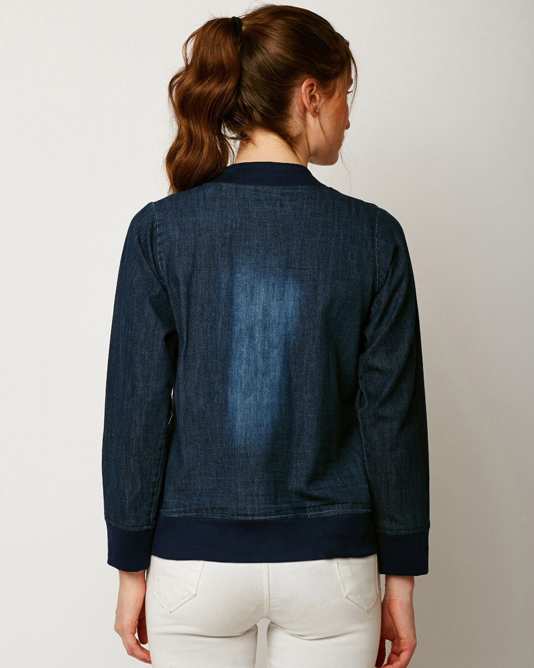 Shop Women's Blue Relaxed Fit Denim Bomber Jacket-Back