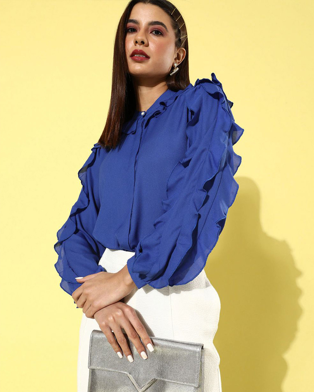 Shop Women's Blue Ruffled Sleeve Shirt-Back