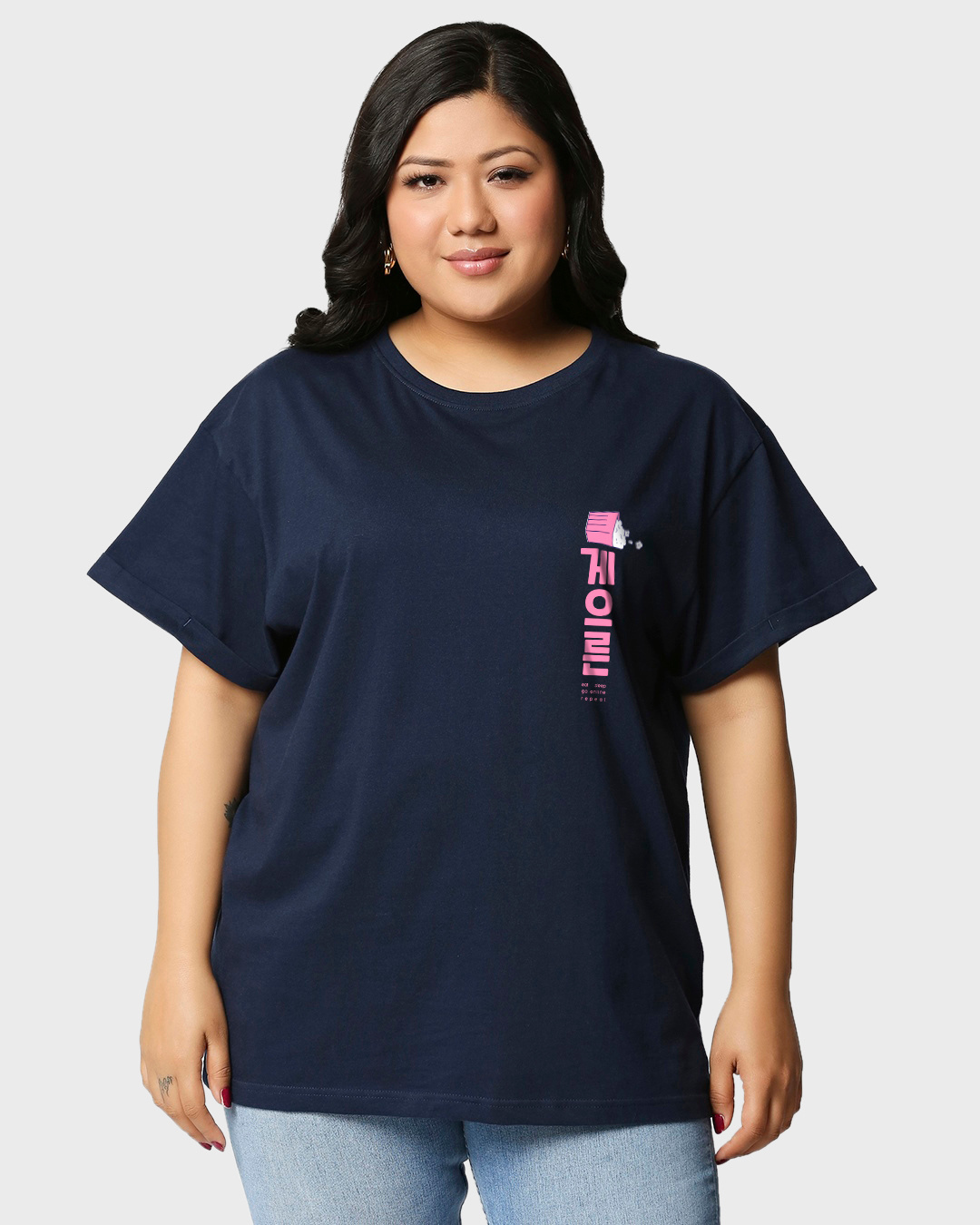 Shop Women's Blue Serial Chiller Graphic Printed Plus Size Boyfriend T-shirt-Back