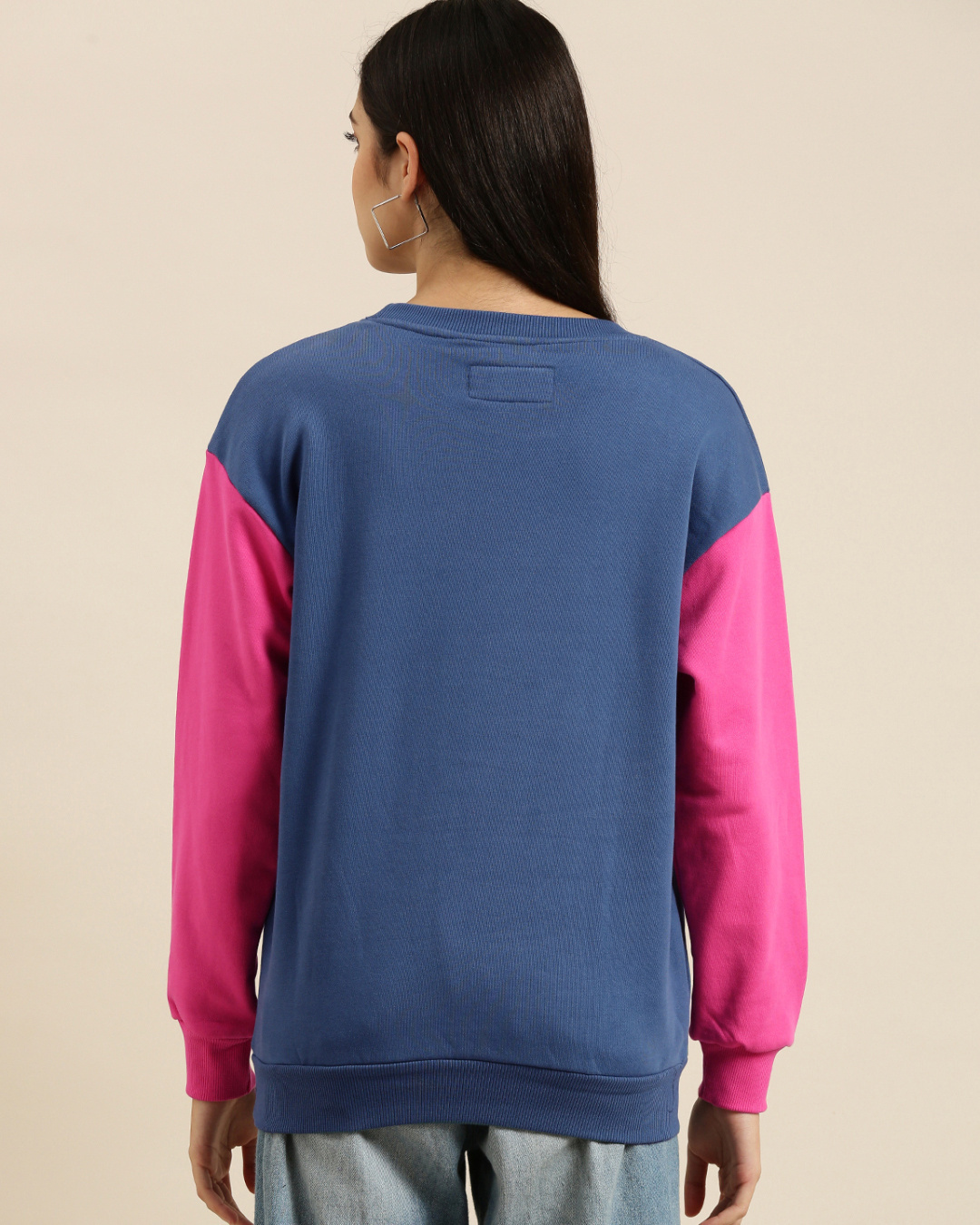 Shop Women's Blue Smiley Face Color Block Oversized Sweatshirt-Back