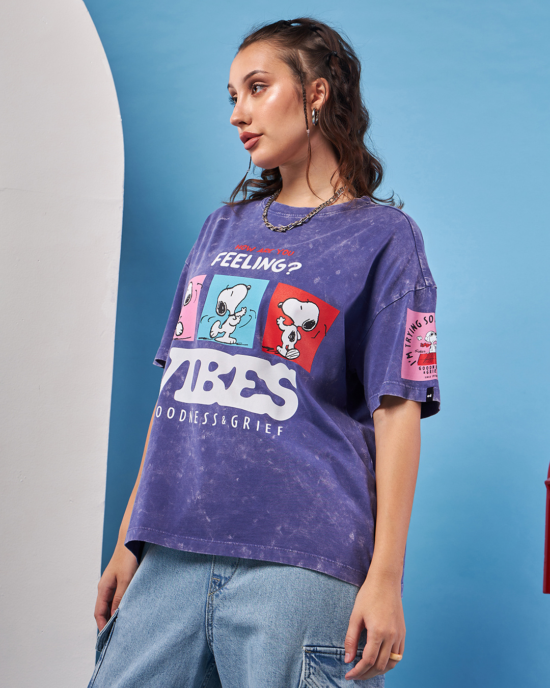 Shop Women's Blue Snoopy Vibes Graphic Printed Oversized Acid Wash T-shirt-Back