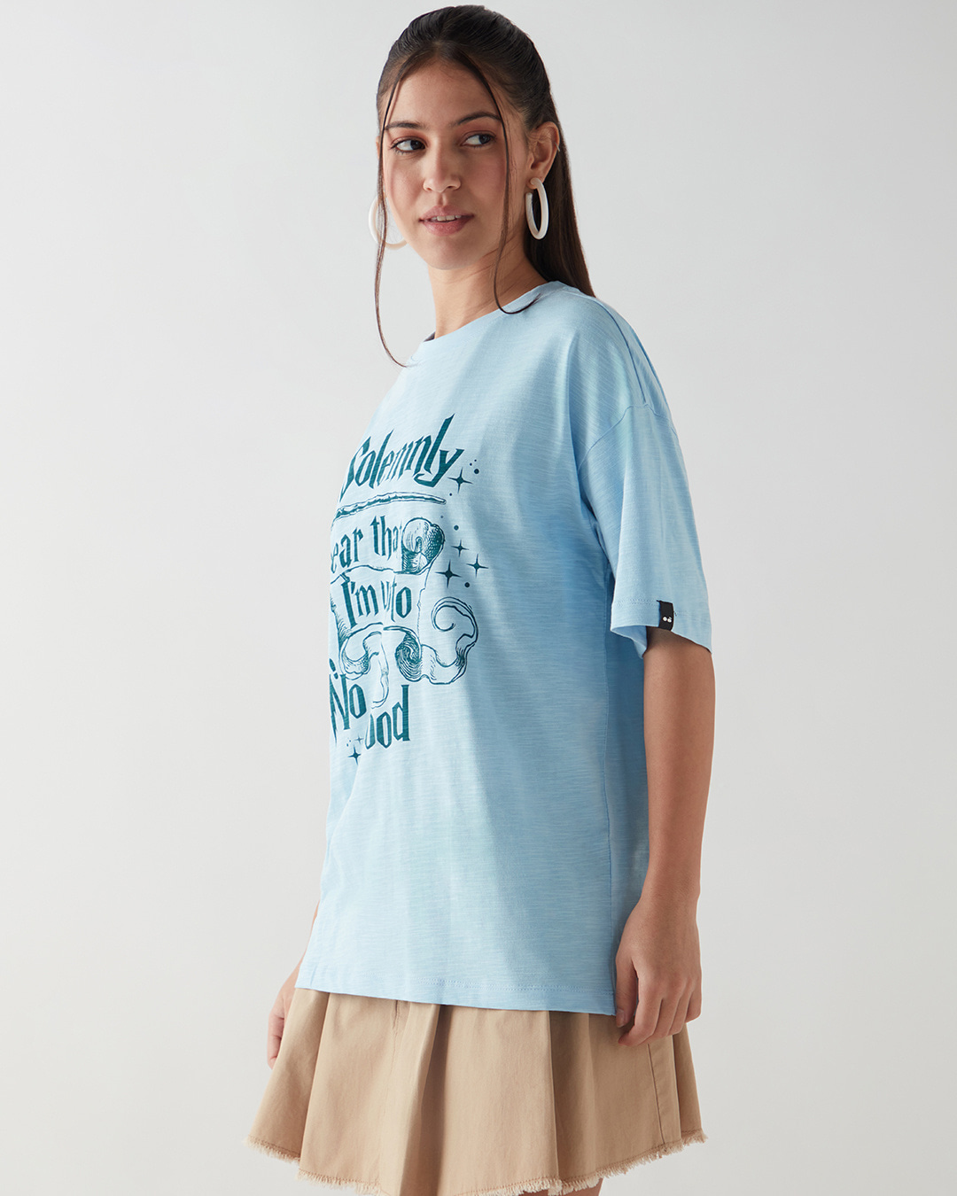 Shop Women's Blue Solemnly No Good Graphic Printed Oversized T-shirt-Back