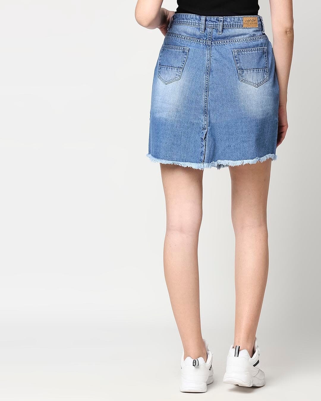 Shop Women's Blue Solid Distressed A-Line Mini Denim Skirt-Back