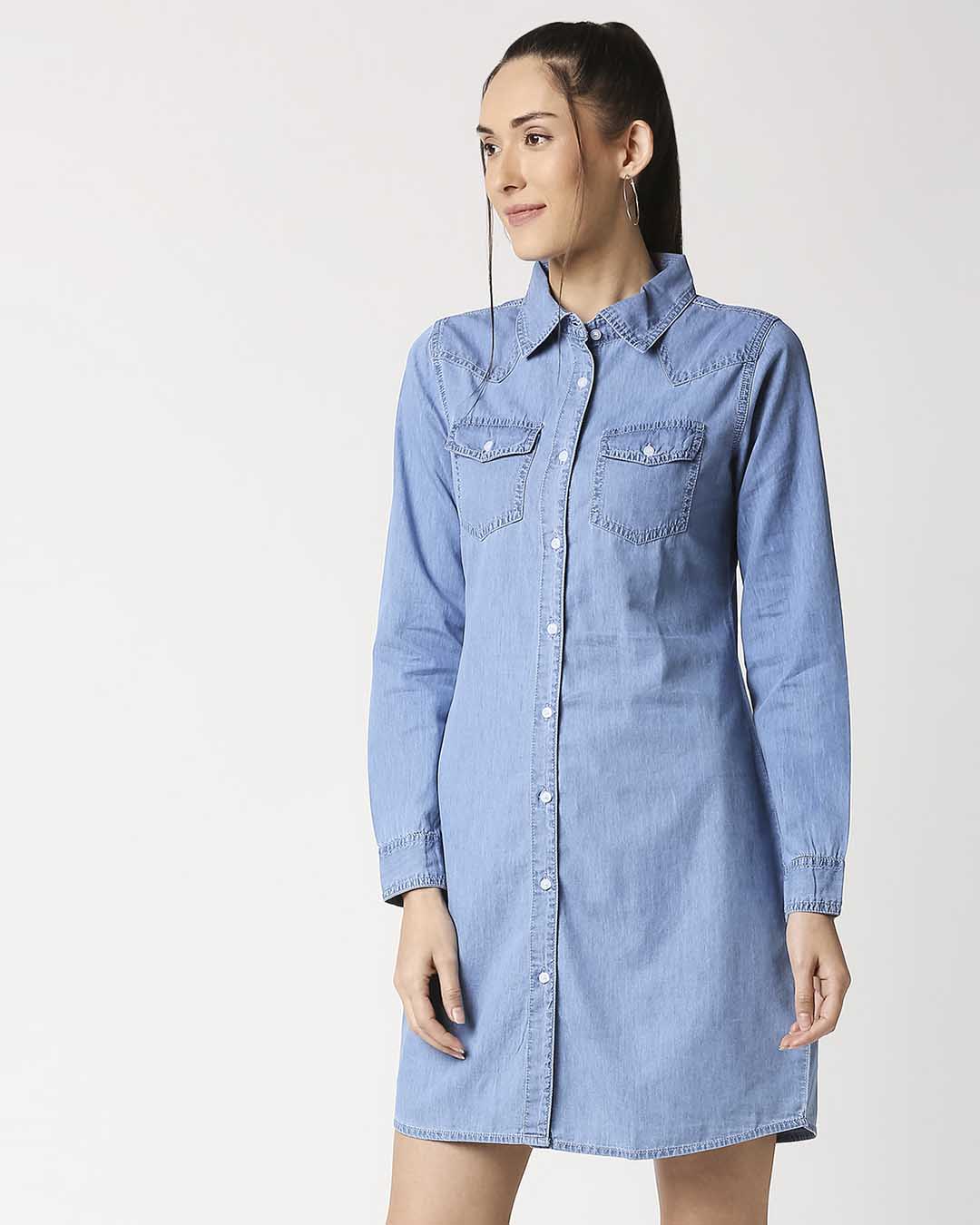 Shop Women's Blue Solid Shirt Dress-Back