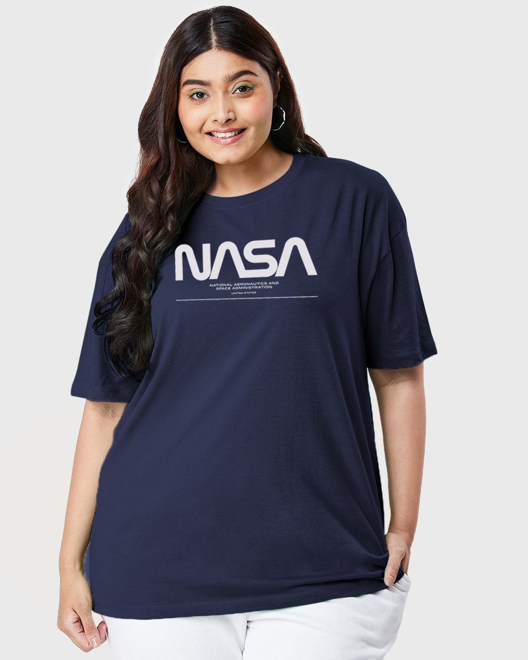 Shop Women's Blue Spaced NASA Typography Oversized Plus Size T-shirt-Back
