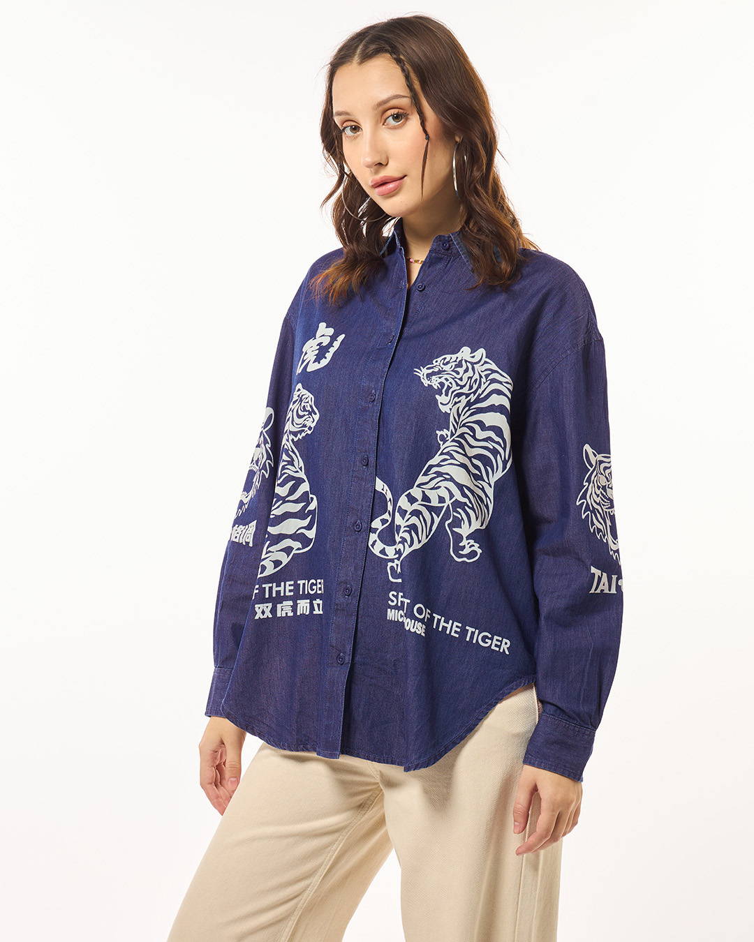Shop Women's Blue Spirit Of Tiger Graphic Printed Oversized Shirt-Back