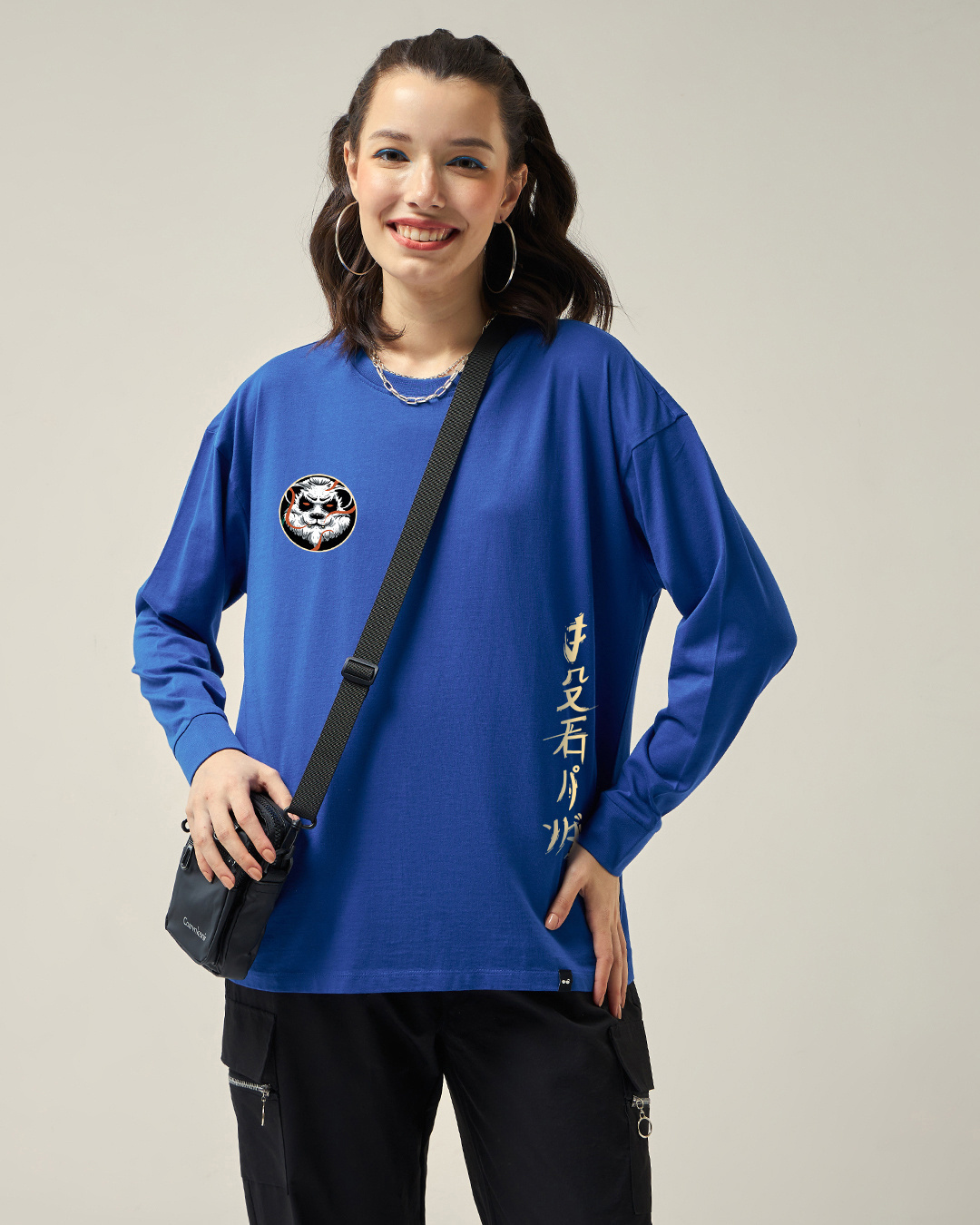 Shop Women's Blue Stoned Panda Graphic Printed Oversized T-shirt-Back
