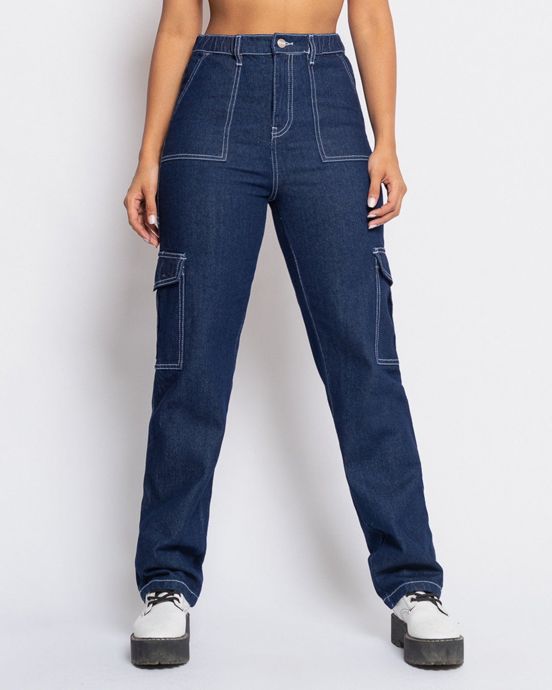 Buy Women's Blue Straight Fit Cargo Jeans Online at Bewakoof