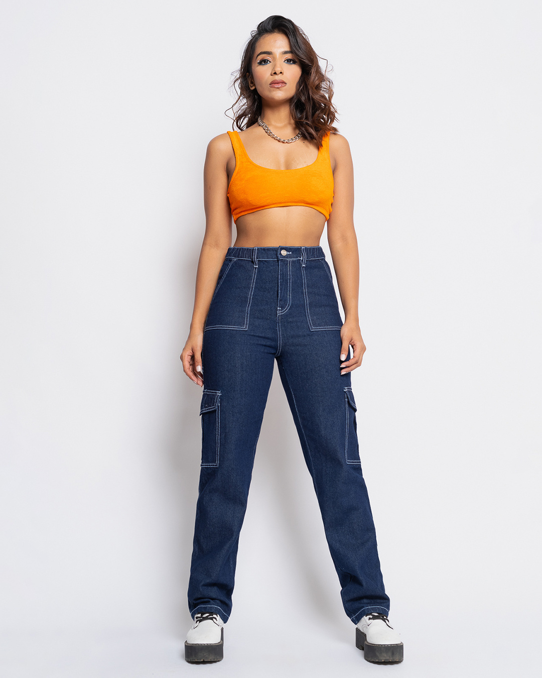 Shop Women's Blue Straight Fit Cargo Jeans-Back