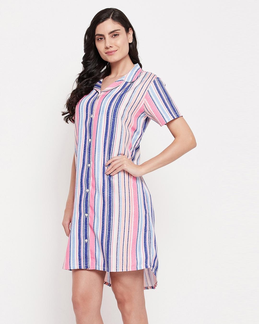 Shop Women's Blue Striped Night Dress-Back