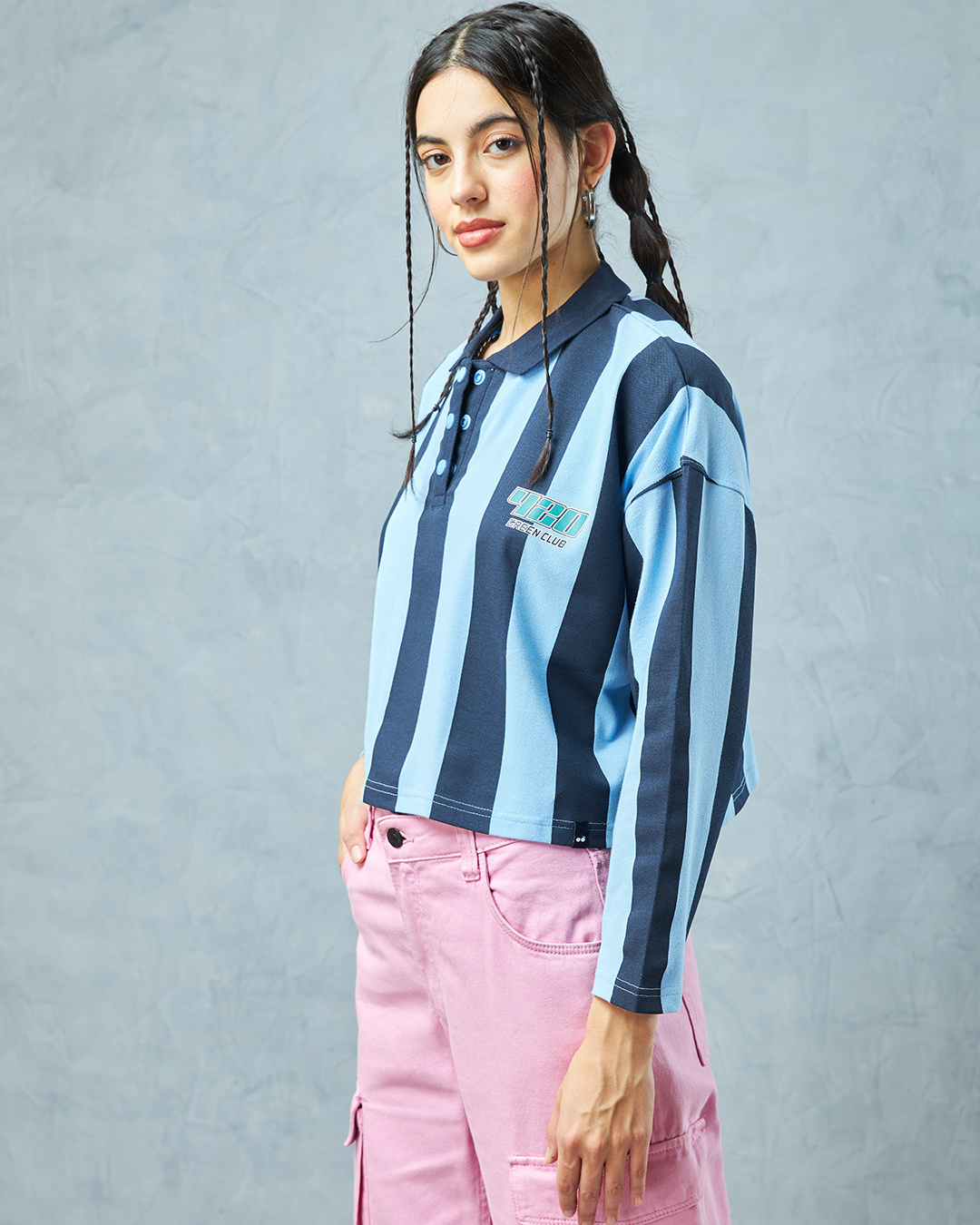Shop Women's Blue Striped Oversized Polo T-shirt-Back