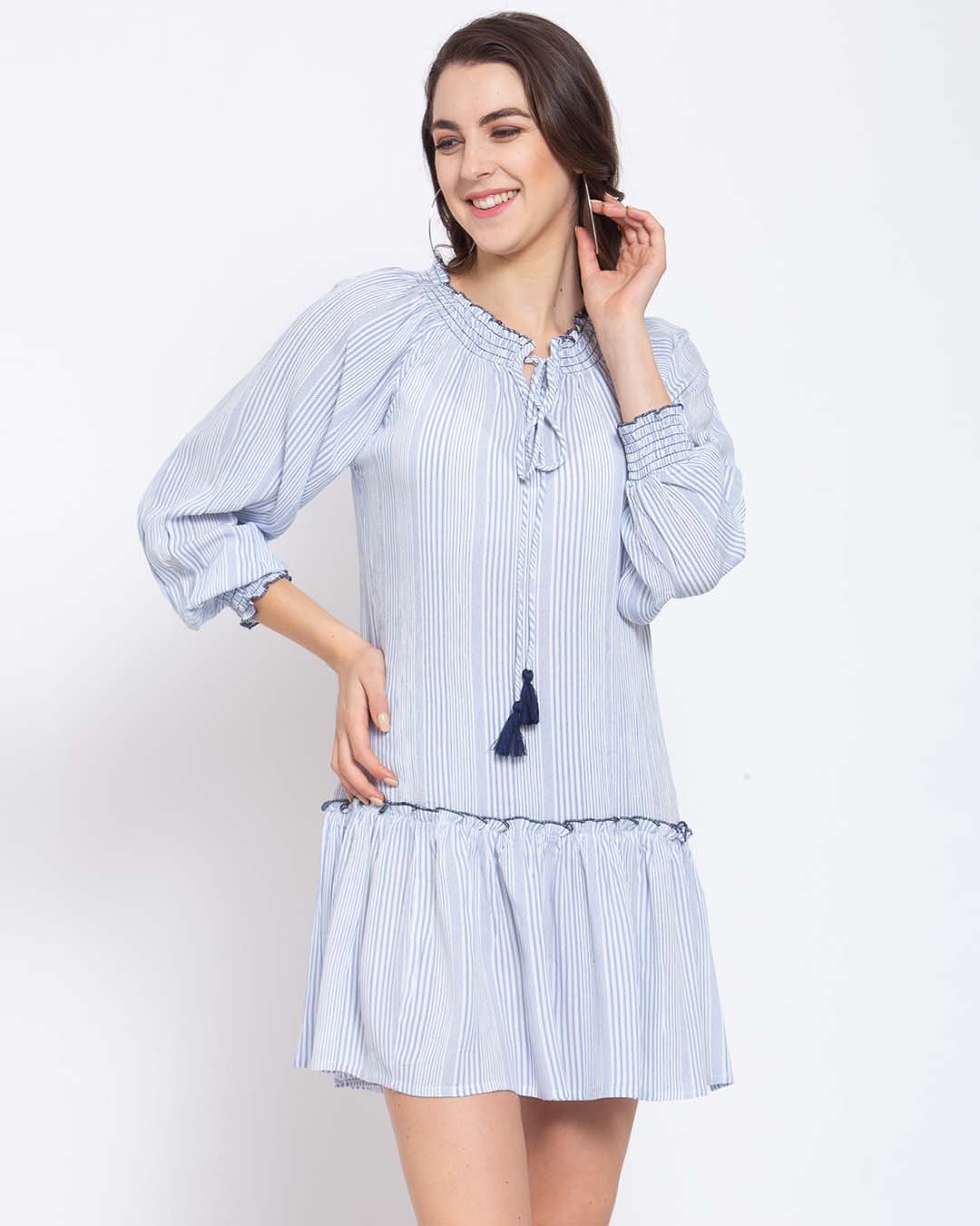 Striped Hem Printed 3/4 Sleeve Dress main image 0