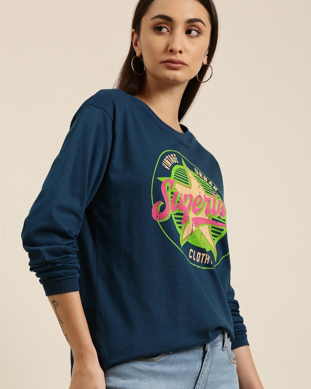 Shop Women's Blue Superior Graphic Printed Oversized T-shirt-Back