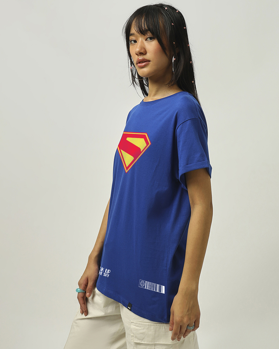 Shop Women's Blue Superman Logo Graphic Printed Boyfriend T-shirt-Back