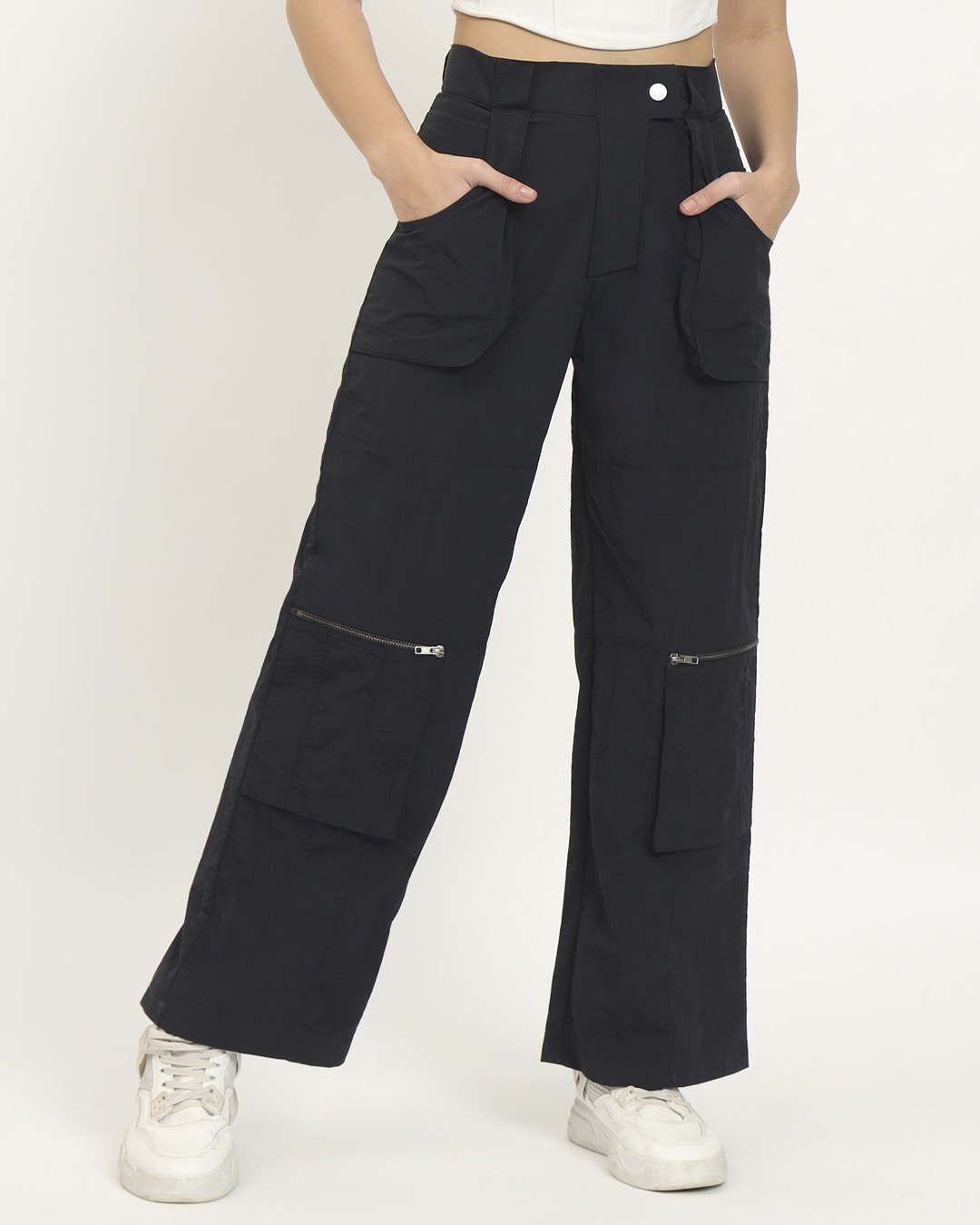 Buy Women's Navy Blue Tapered Fit Cargo Pants Online at Bewakoof