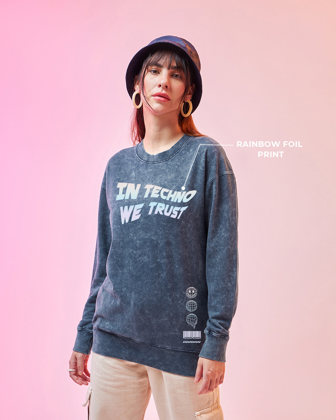 Shop Women's Blue Techno Rave Graphic Printed Oversized Sweatshirt-Back