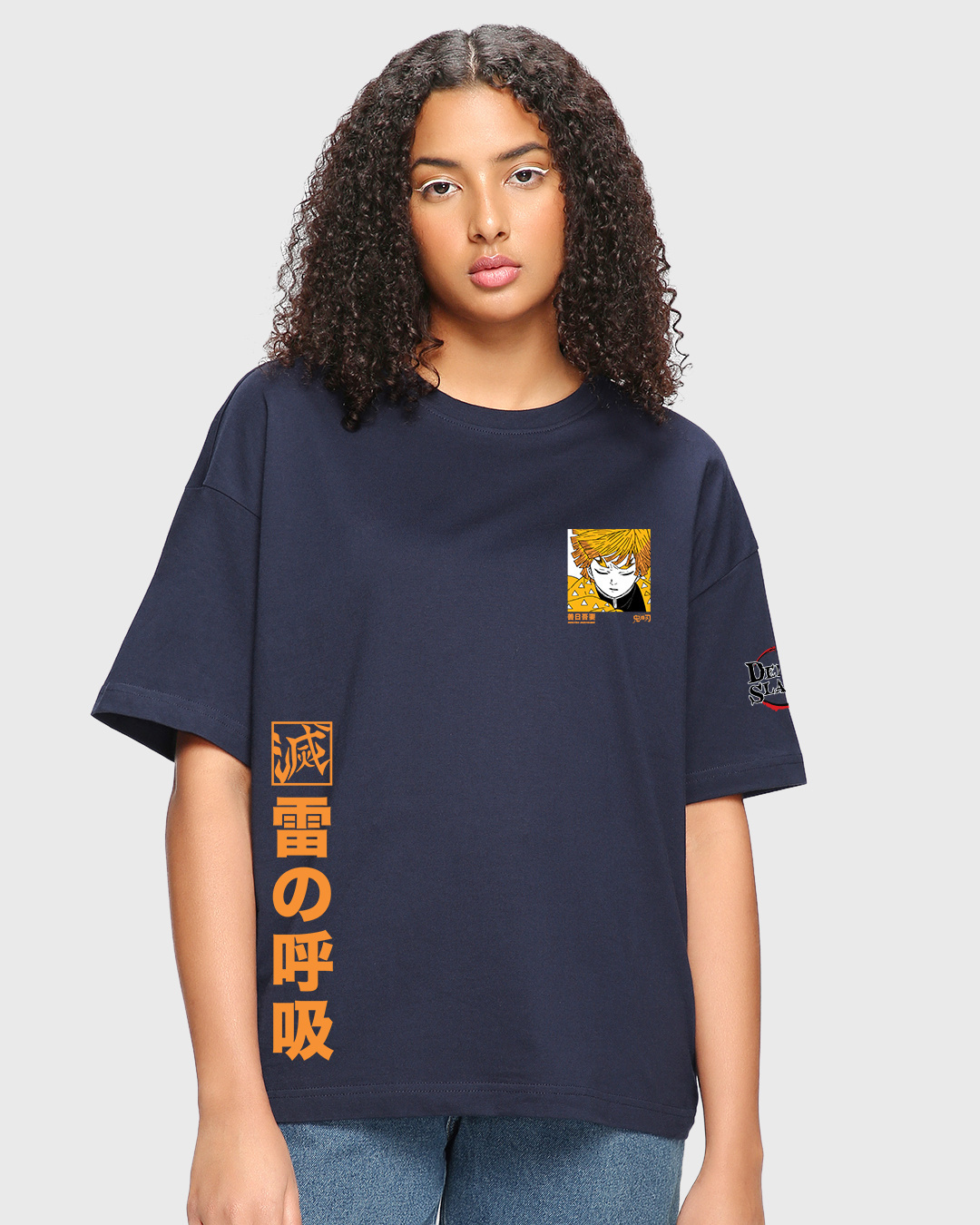 Shop Women's Blue Thunder Breathing Zenitsu Graphic Printed Oversized T-shirt-Back