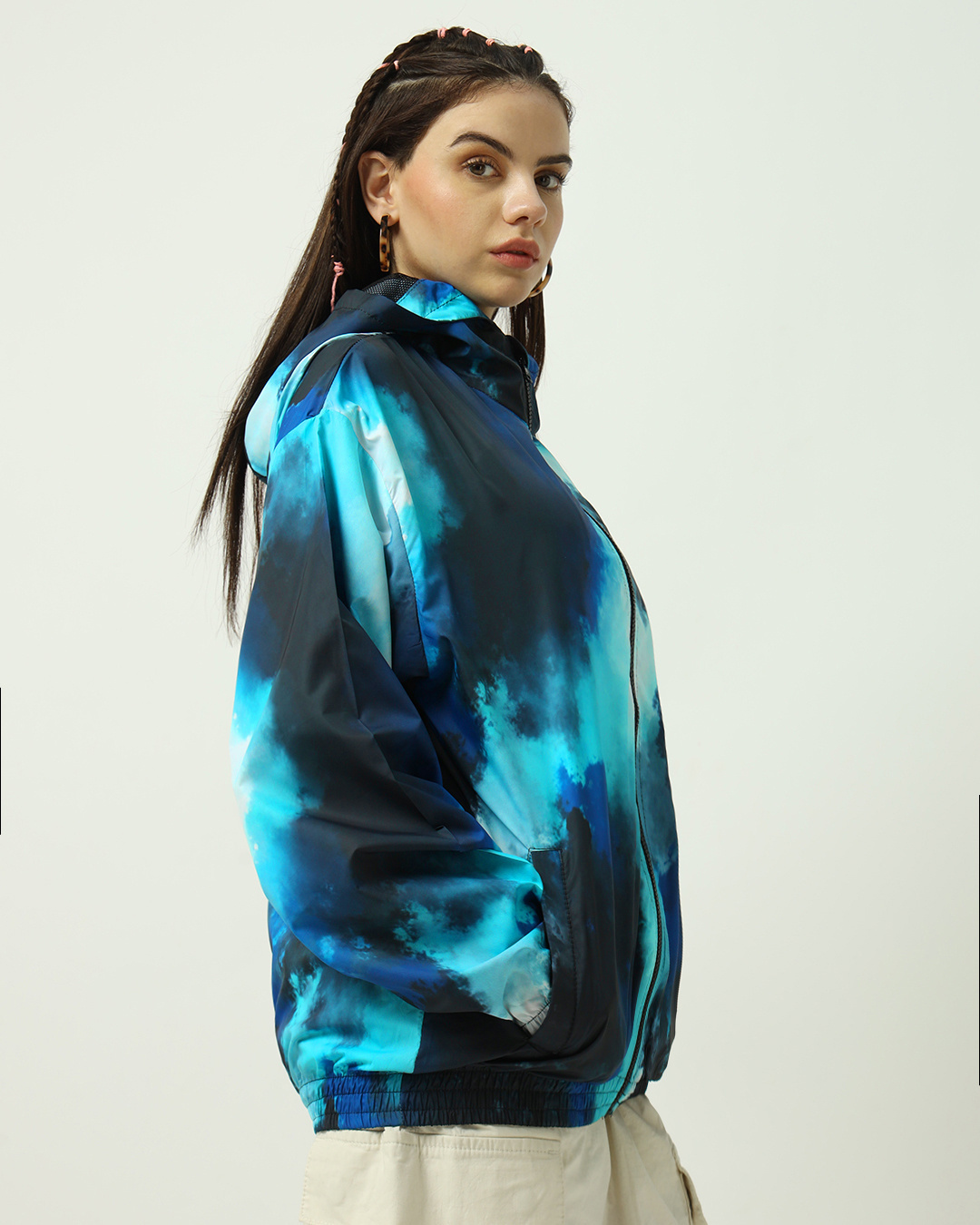 Shop Women's Blue Tie & Dye Oversized Windcheater Jacket-Back