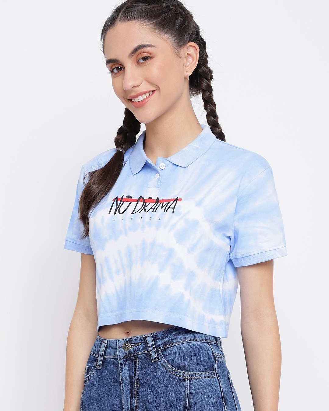 Shop Women's Blue Tie & Dye Crop Polo T-shirt-Back