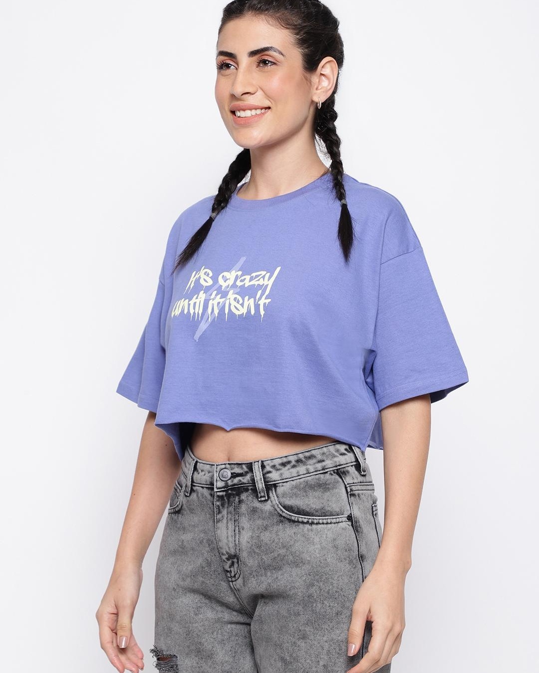 Shop Women's Blue Typography Loose Fit Crop T-shirt-Back