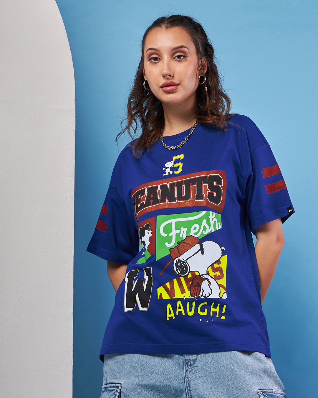 Shop Women's Blue Varsity Peanuts Graphic Printed Oversized T-shirt-Back