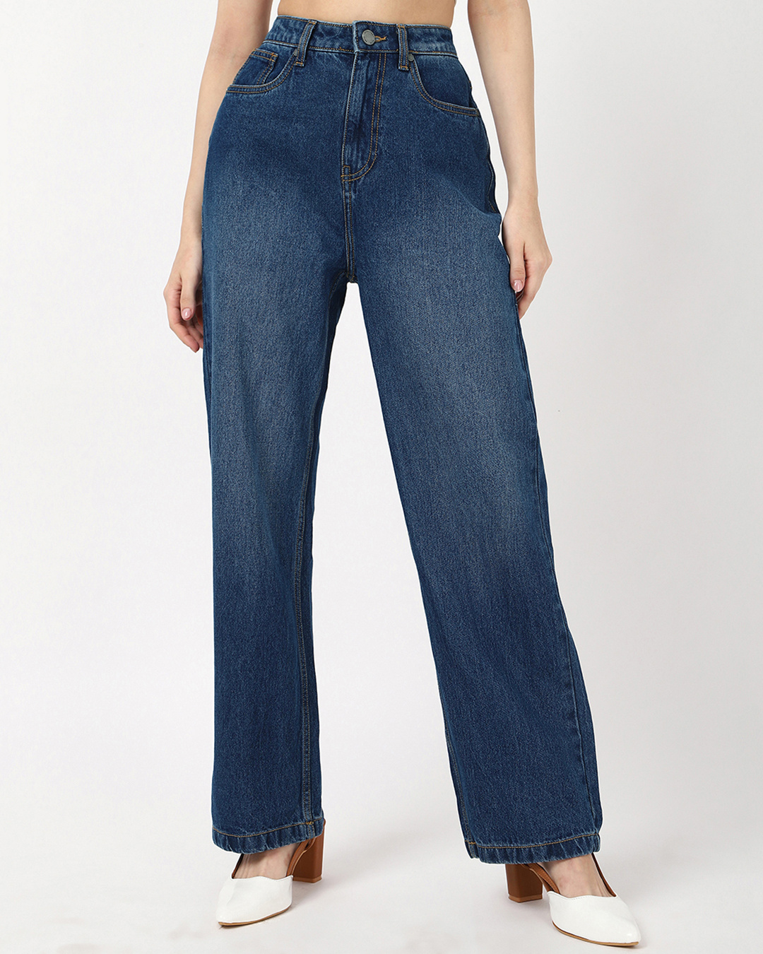 Shop Women's Blue Washed Baggy Straight Fit Jeans-Back