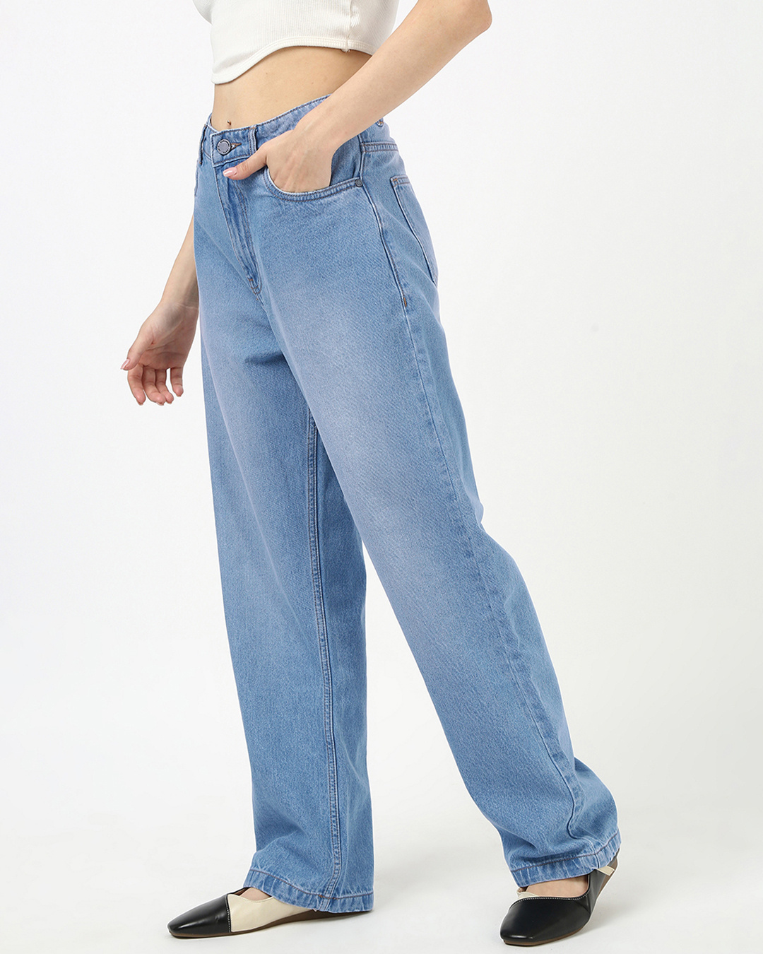Shop Women's Blue Washed Baggy Straight Fit Jeans-Back