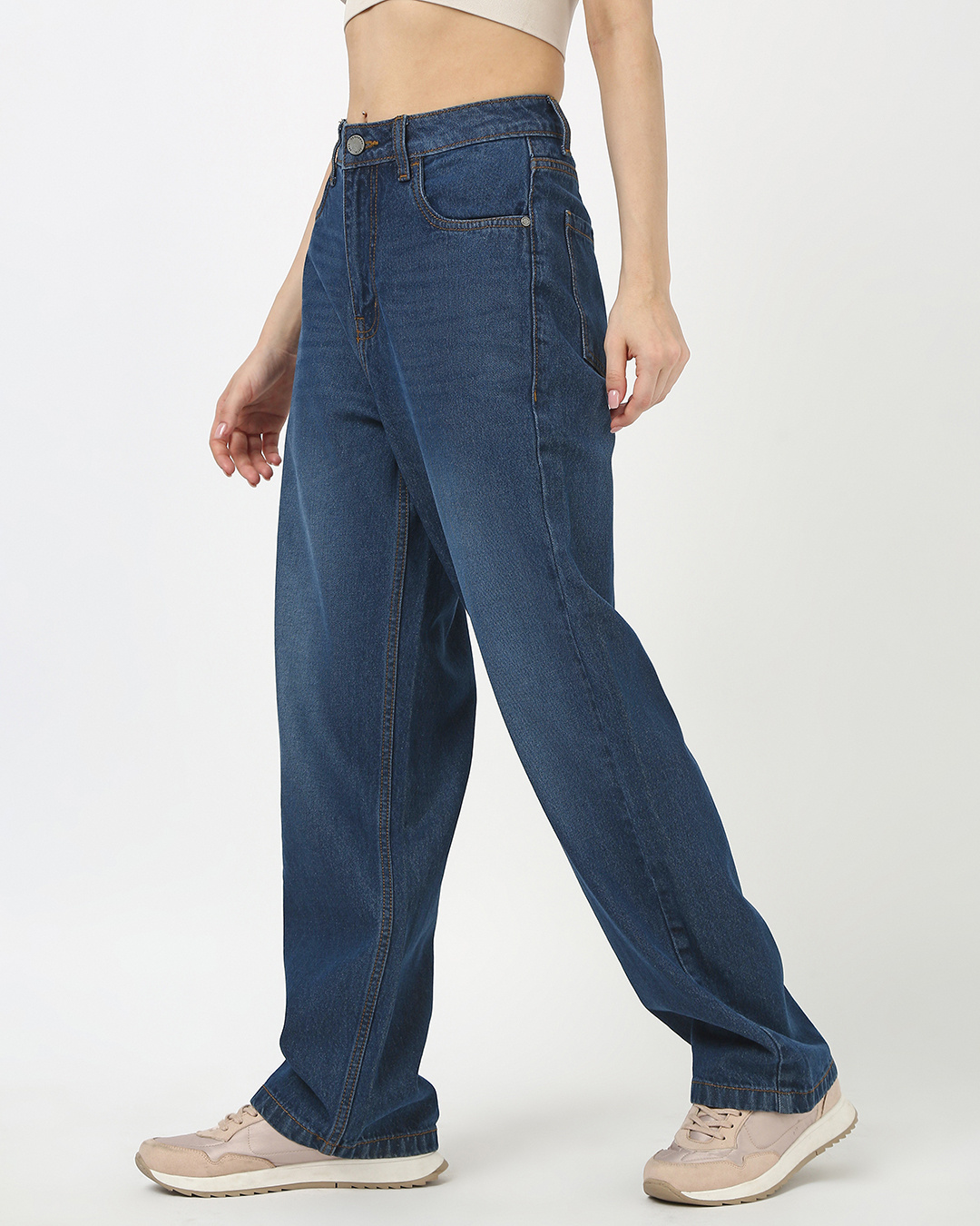 Shop Women's Blue Washed Baggy Straight Fit Jeans-Back