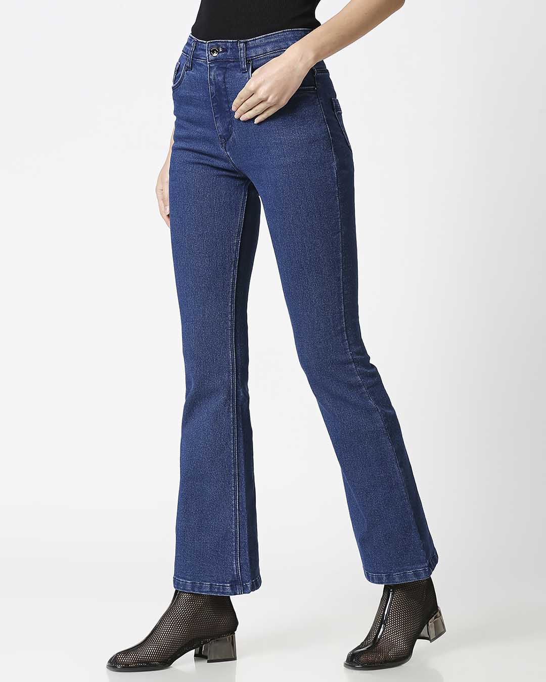Shop Women's Blue Washed Boot Cut Fit High Waist Jeans-Back
