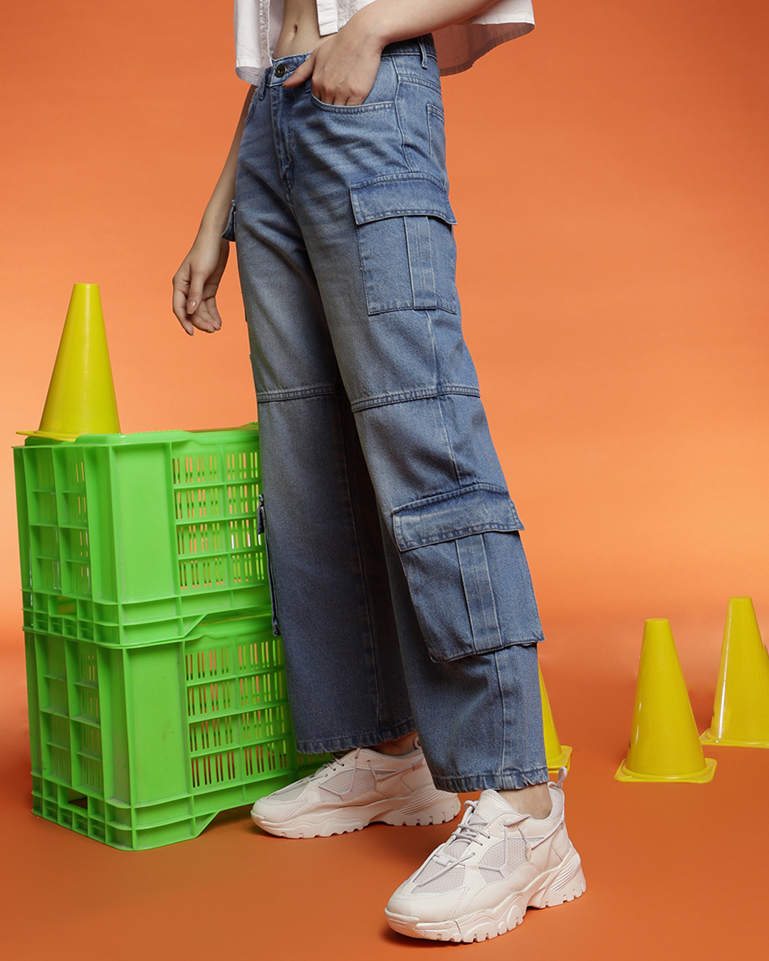 Women Blue Cargo Straight Jeans