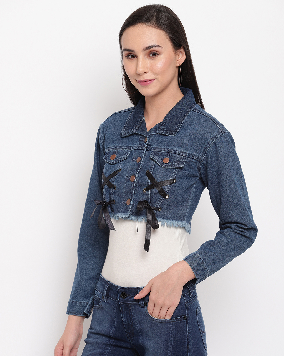 Shop Women's Blue Washed Crop Jacket-Back