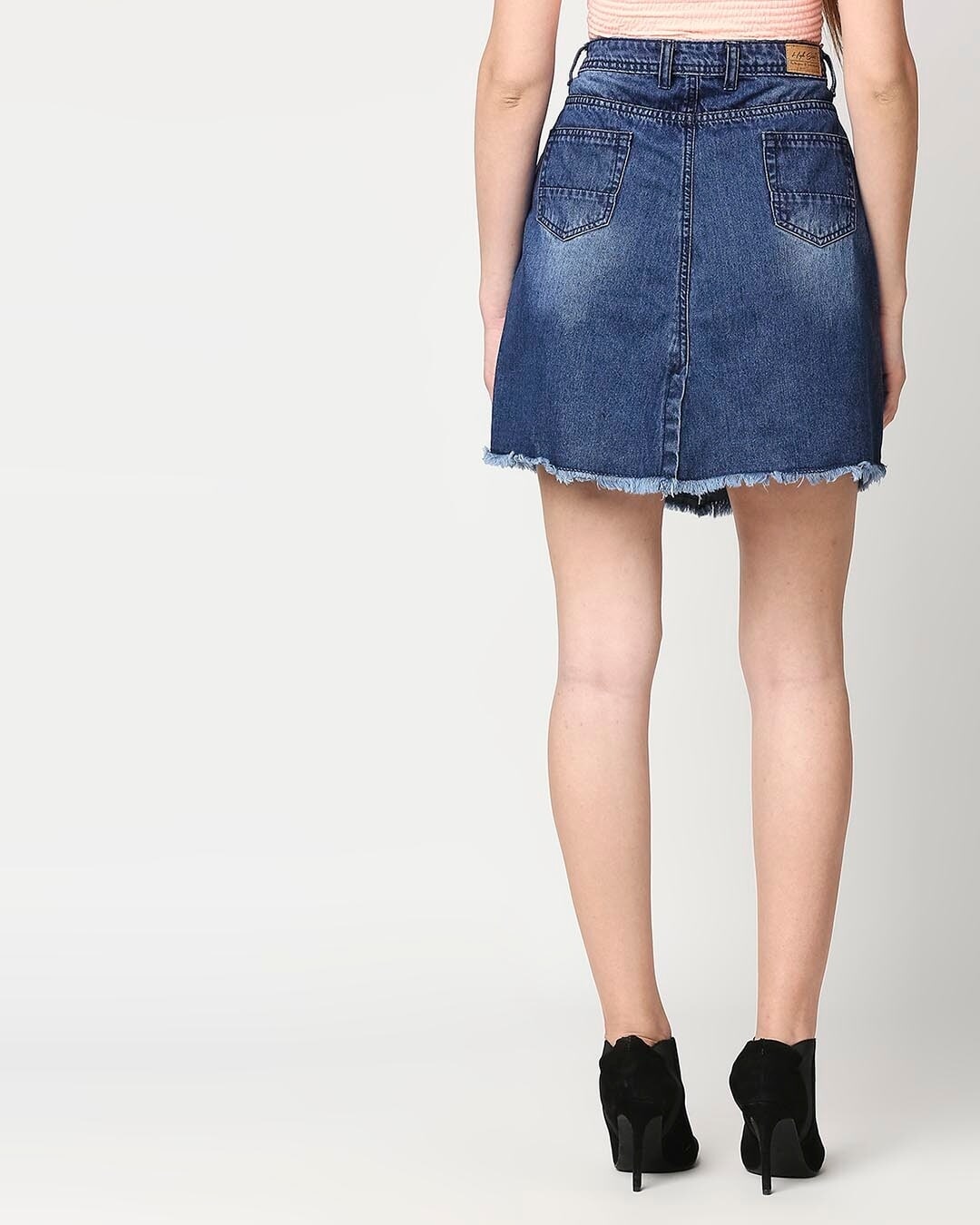 Shop Women's Blue Washed Distressed A-Line Mini Denim Skirt-Back