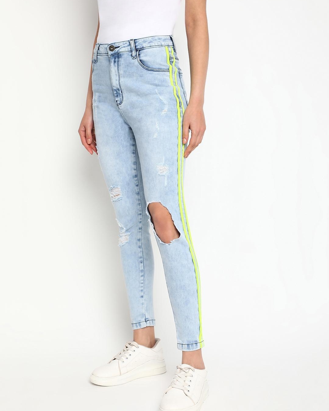 Shop Women's Blue Washed Distressed Slim Fit Jeans-Back