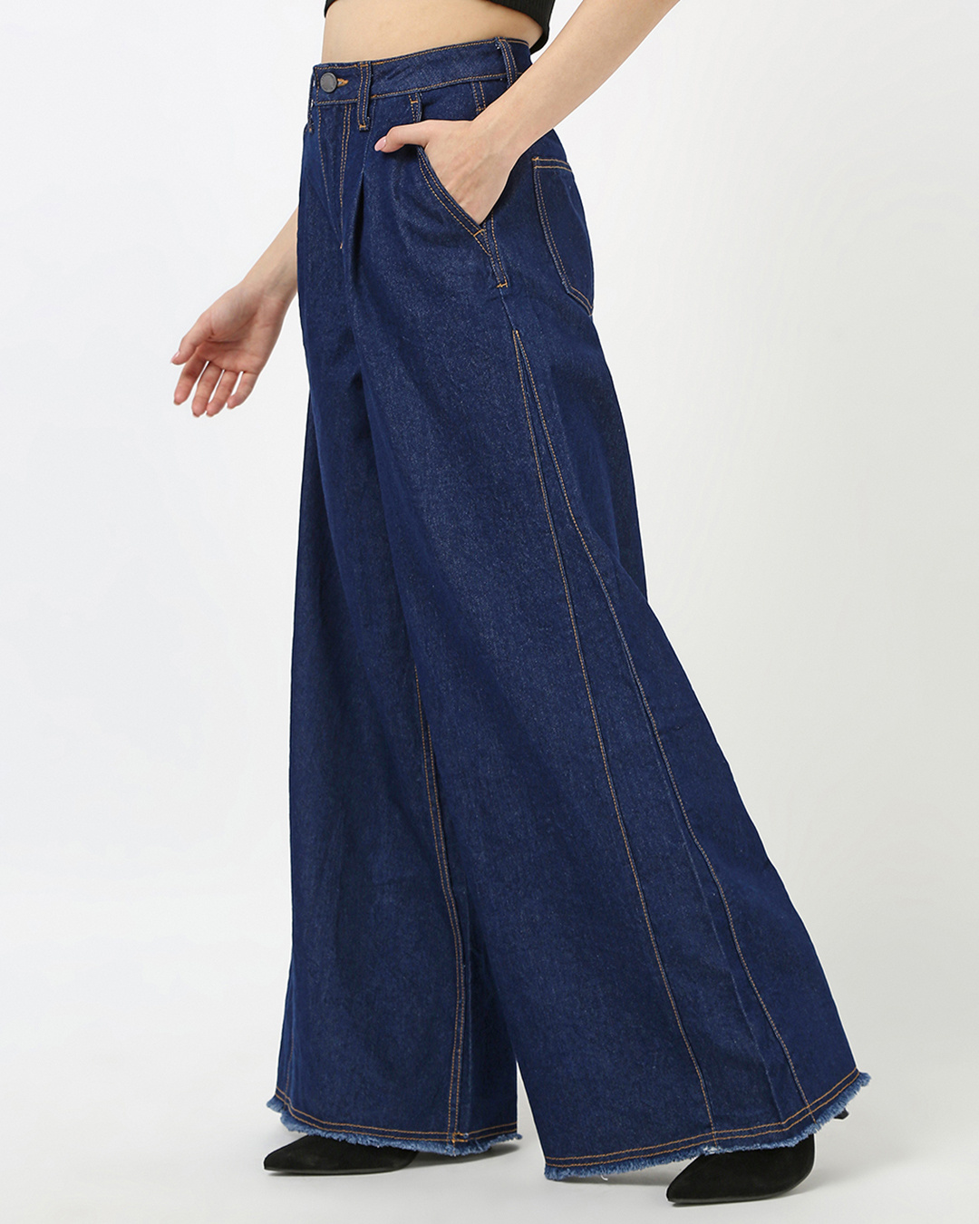 Shop Women's Blue Washed Flared Korean Jeans-Back