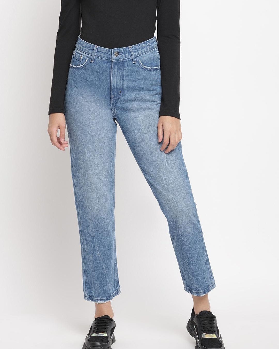 Women's Blue Solid Mom Fit Denim Jeans