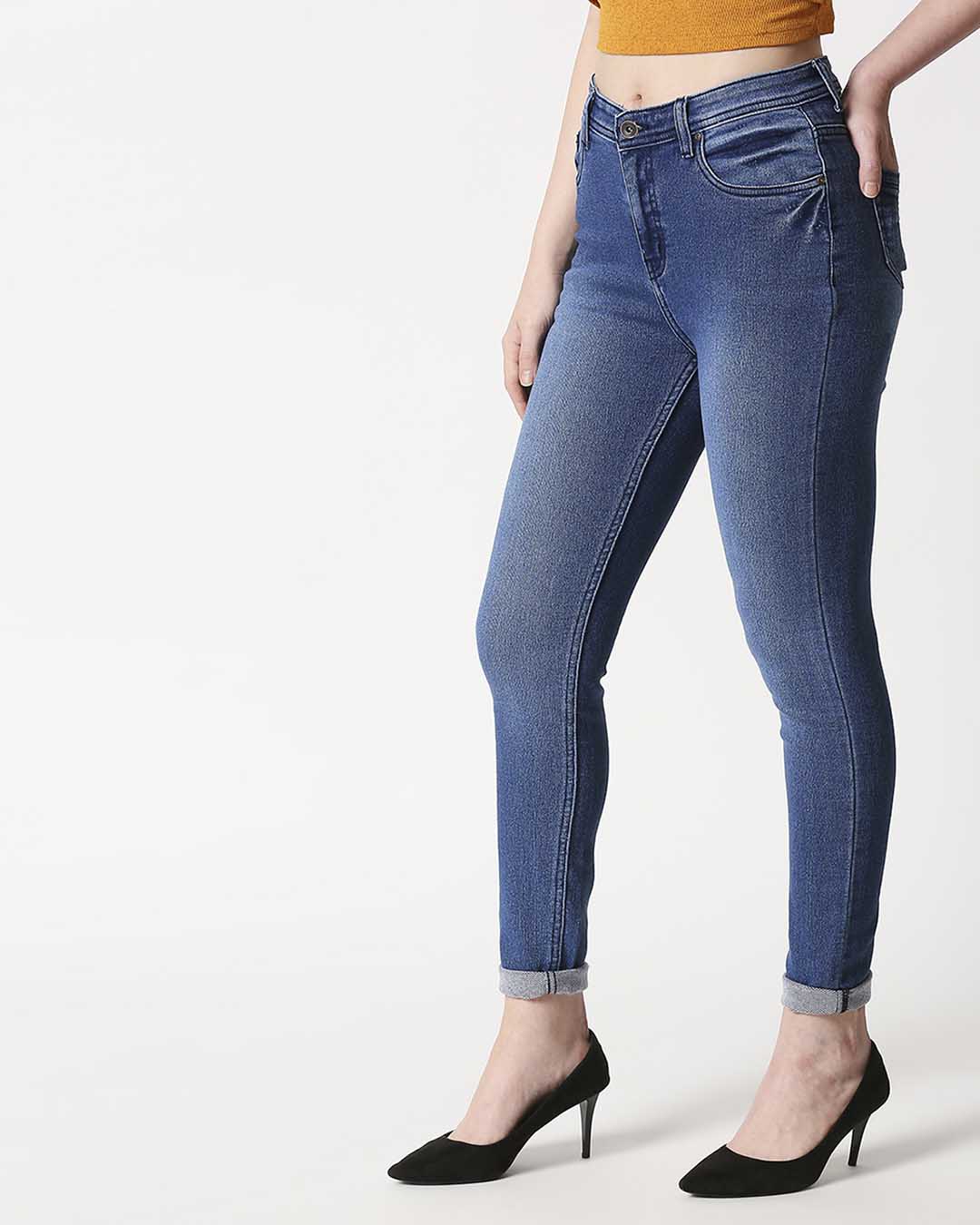 Shop Women's Blue Washed Slim Fit High Waist Jeans-Back