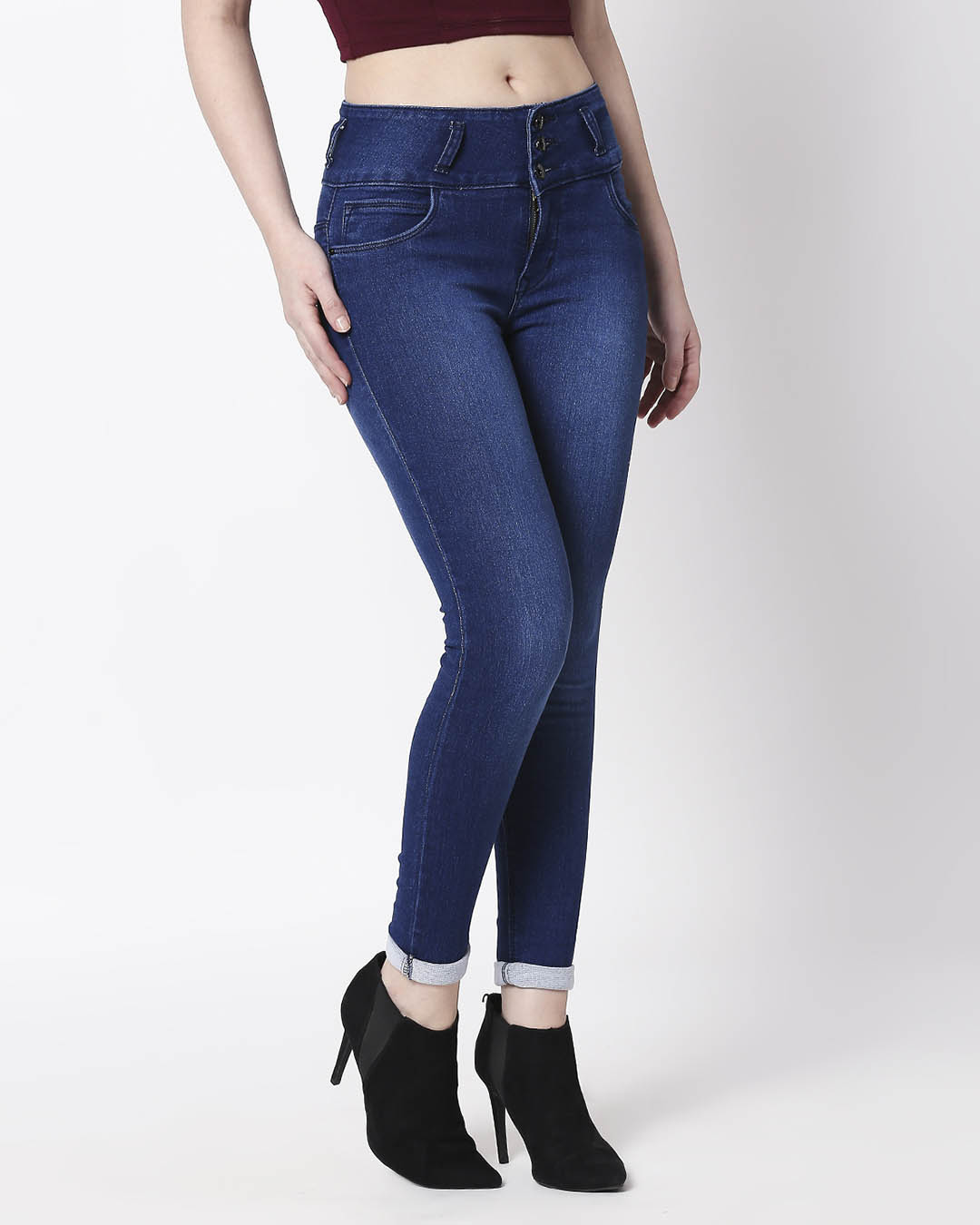 Shop Women's Blue Washed Slim Fit High Waist Jeans-Back